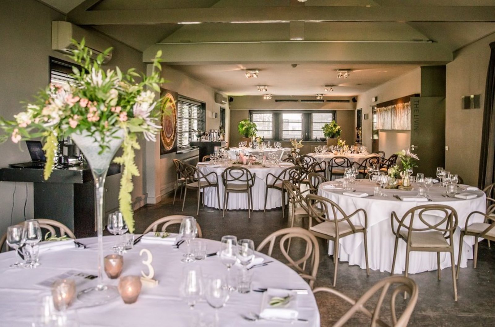 Restaurant dining hall with decorative plaster walls